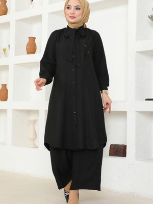 Siyah Fular Yakalı Keten Takım