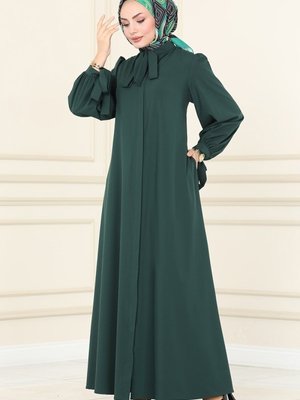 Zümrüt Fular Yakalı Krep Ferace Zümrüt Fular Yakalı Krep Ferace