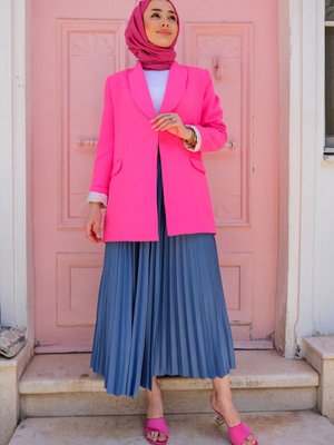 Deri Görünümlü Beli Lastikli Uzun Piliseli Etek Mavi Deri Görünümlü Beli Lastikli Uzun Piliseli Etek Mavi