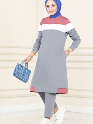 Gül Kurusu & Koyu Gri Renk Şeritli İkili Takım Gül Kurusu & Koyu Gri Renk Şeritli İkili Takım