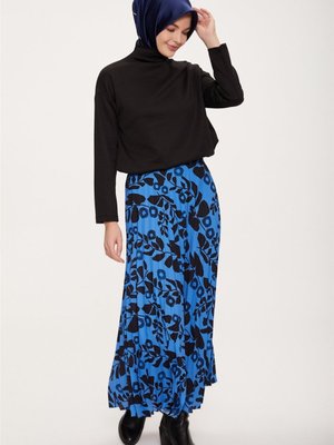 Empirme Baskılı Pliseli Etek Kobalt