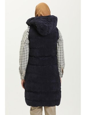 Lacivert Kapüşonlu Fitilli Kadife Yelek