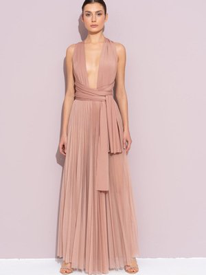 Nude Yüksek Bel Transparan Tamamı Pileli Ve Beli Lastikli Uzun Etek