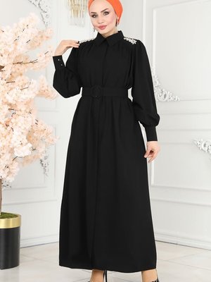 Siyah Taş Detaylı Krep Ferace