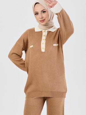 Vızon Metal Düğme Detaylı Tunik Pantolon Triko Takım