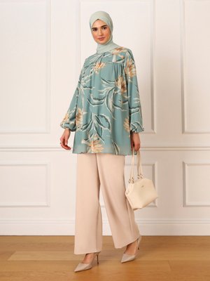 Çağla Astarlı Kol Ucu Lastikli Çiçek Desenli Şifon Tunik