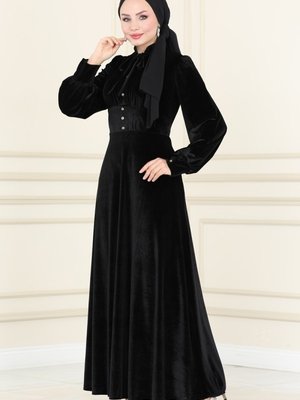 Siyah Yakası Bağcıklı Kadife Elbise