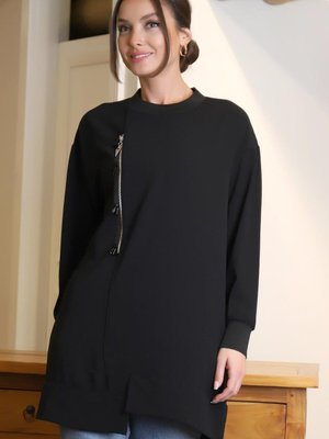 Siyah Sıfır Yaka Fermuar Detaylı Sweatshirt
