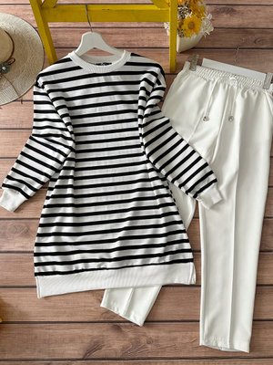 Kombin Çizgili Tunik Ve Pantolon Takım Siyah