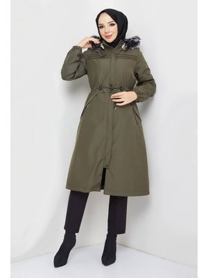 Haki Cebi Fermuarlı Pat Detaylı Mont