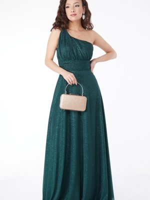 Düz Orta Zümrüt Tek Omuzlu Simli Abiye Elbise