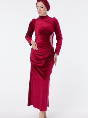Bordo Beli Drape Ve Taş İşlemeli Kadife Abiye Elbise Bordo Beli Drape Ve Taş İşlemeli Kadife Abiye Elbise