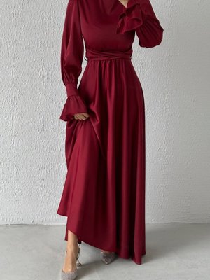 Volan Kol Detaylı Saten Abiye Elbise Bordo Volan Kol Detaylı Saten Abiye Elbise Bordo