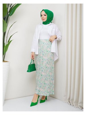 Viskon Kumaş Piliseli Etek Yeşil