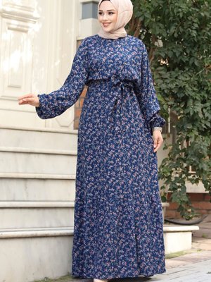 Eteği Volanlı Çiçek Desenli Viskon Elbise