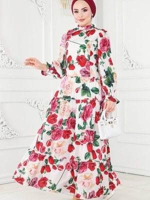 Ekru Gül Desenli Eteği Katlı Elbise Ekru Gül Desenli Eteği Katlı Elbise