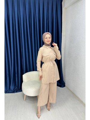 Krem Cep Kapağı Taş Detaylı İkili Takım