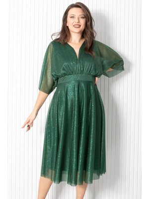 Simli Tül Abiye Elbise Zümrüt