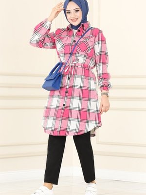 Fuşya Beli Tünelli Ekose Tunik Fuşya Beli Tünelli Ekose Tunik