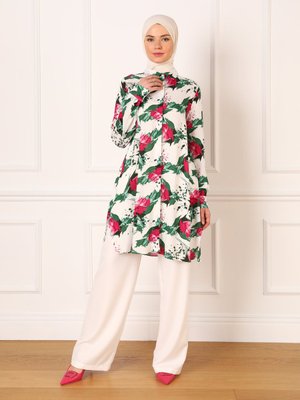 Fuşya Suluboya Çiçek Desenli Viskon Gömlek Tunik