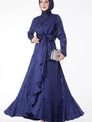 Düz Bisiklet Yaka Lacivert Varaklı Abiye Elbise