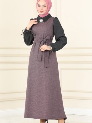 Koyu Gül Kurusu & Antrasit Yakalı Kışlık Gömlek Elbise