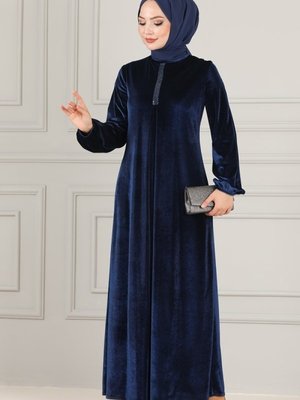 Lacivert A Pileli Kadife Elbise