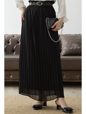 Siyah Kemerli Beli Büzgü Şifon Etek