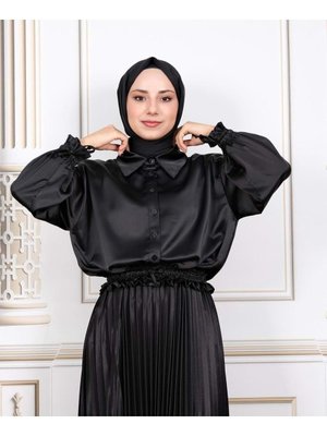 Gömlek Saten Kolları Ve Beli Gipeli Siyah