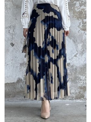 Lacivert Batik Desen Astarlı Tül Etek