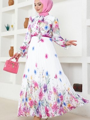 Fuşya & Ekru Fular Yakalı Şifon Elbise