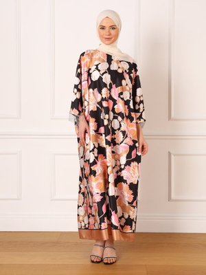 Bej Saten Çiçek Desenli Abiye Ferace