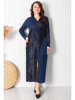 Lacivert Pul Payet Detaylı Abiye Elbise
