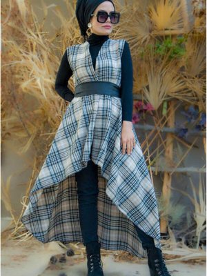 Bej Siyah Ekoseli Yelek