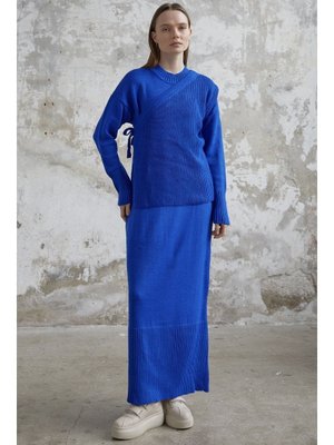 Saks Mavisi Bağlamalı Süveterli Triko Elbise