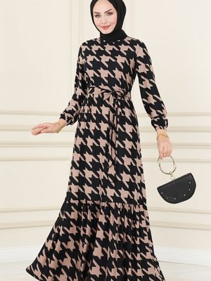 Siyah & Vizyon Eteği Fırfırlı Desenli Elbise