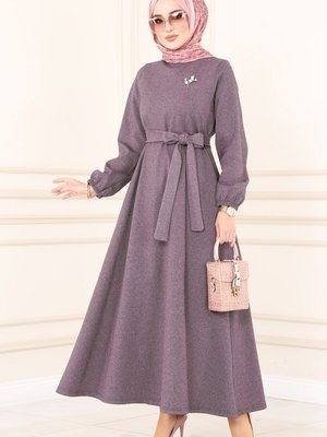 Gül Kurusu Kemerli Kışlık Elbise