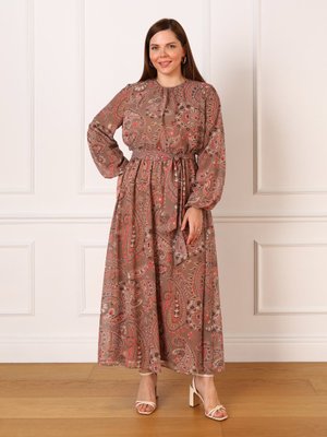 Camel Şal Desenli Büyük Beden Şifon Elbise