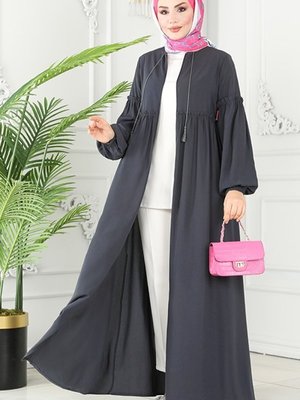 Antrasit Balon Kollu Medine İpeği Ferace Antrasit Balon Kollu Medine İpeği Ferace