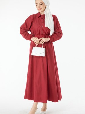 Bordo Beli Lastikli Elbise Bordo Beli Lastikli Elbise