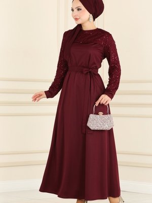 Bordo Pul Detaylı Elbise Bordo Pul Detaylı Elbise