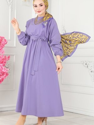 Lila Beli Lastikli Terikoton Elbise