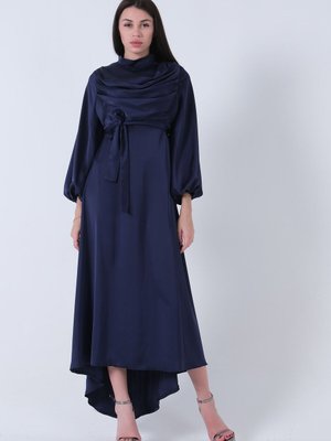 Lacivert Degaje Saten Balon Kol Abiye Elbise Lacivert Degaje Saten Balon Kol Abiye Elbise