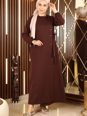 Düğmeli Yandan Bağlamalı Ferace Kahverengi