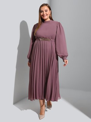 Vintage Mor Zincir Kemer/ Plise Detaylı Büyük Beden Şifon Abiye Elbise