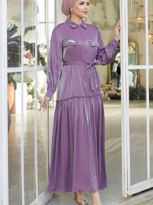 Lila Aksesuar Cepli Işıltılı Saten Abiye