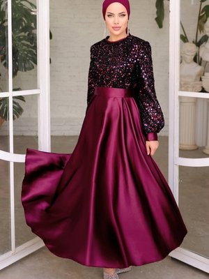 Bordo Pul Detaylı Saten Abiye Elbise Bordo Pul Detaylı Saten Abiye Elbise