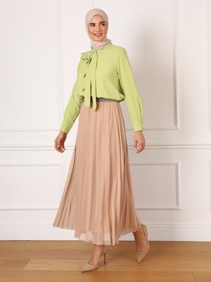 Bej Beli Lastikli Piliseli Şifon Etek