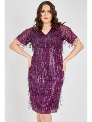 Büyük Beden Mürdüm Kısa Abiye Elbise