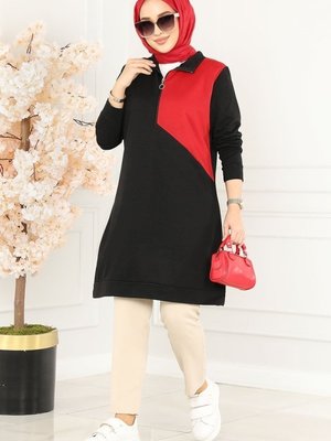 Siyah & Kırmızı Garnili Spor Tunik Siyah & Kırmızı Garnili Spor Tunik
